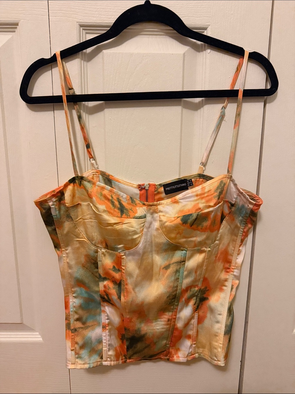 PrettyLittleThing Orange Green Tie-Dye Satin Corset Cami
